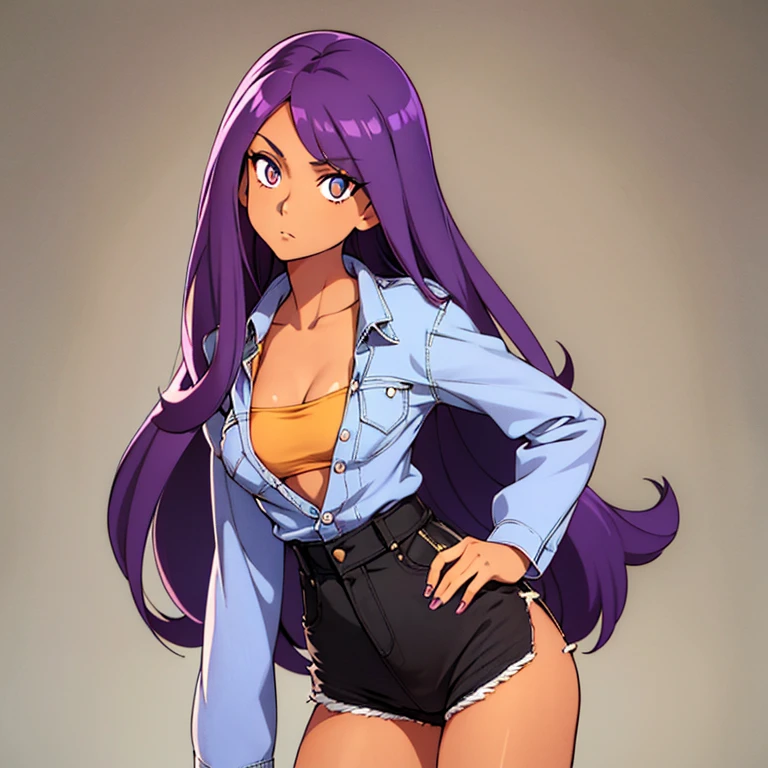 girl with tan skin and a slim physique. She has long violet hair that lays to the middle of her back. She has amber eyes. She is wearing a black camisole, tucked into a pair of Jean shorts. Over the camisole is a loose-fit lavender long sleeve shirt. The sleeves are rolled up to her elbows.