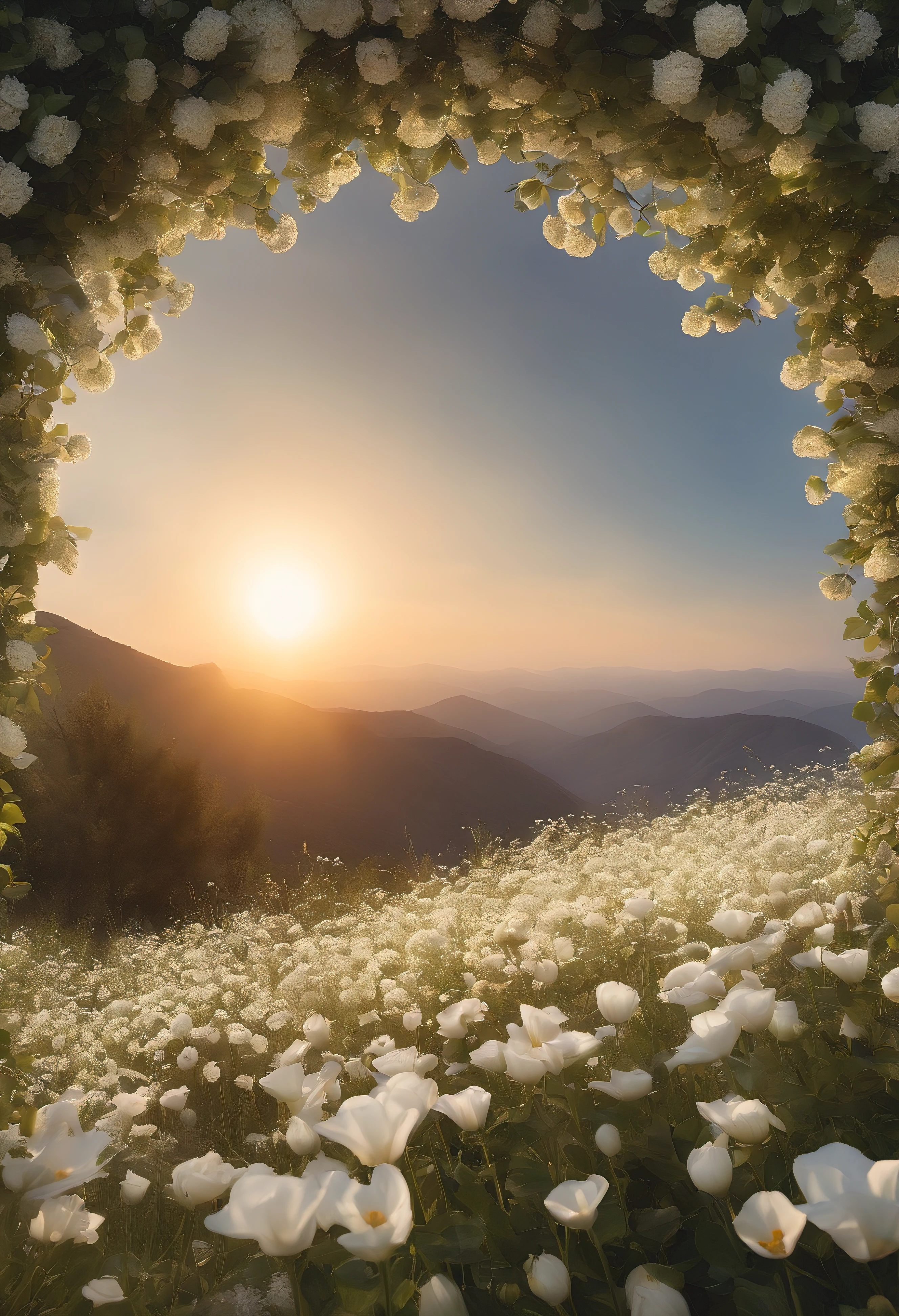 A sea of white flowers,and the sun was shining brightly,The light from the back window is backlighted,There is an open space in the middle of the sea of flowers,There is space in the middle for models,There is an empty space in the center of the screen,Near real and far virtual,White flowers,There is a road in the middle that leads to the distance,the setting sun,become sunny,detail-rich,フォトリアリスティック,真实感,4K分辨率,Rich texture,The painting style is gentle