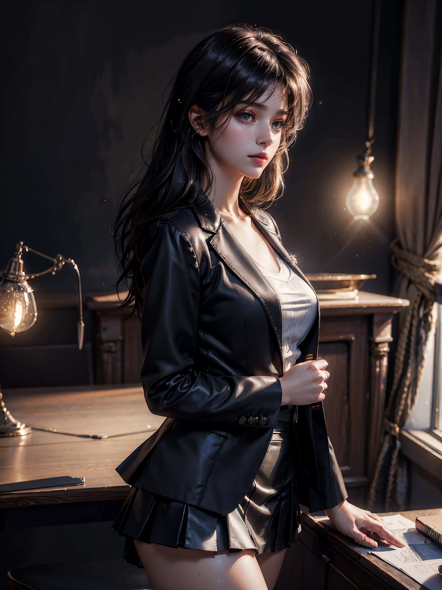 quality, tmasterpiece, 1 girl, pretty face, (photograph of-realistic:1.3), edge lit, (highdetailskin:1.2), 8k ultra high definition, SLR camera, high qulity, k hd, 4K, 8K, bokeh, (of a real: 1.etty face, cute one-girl, black formal blazer, middlebreast, short skirt,office room