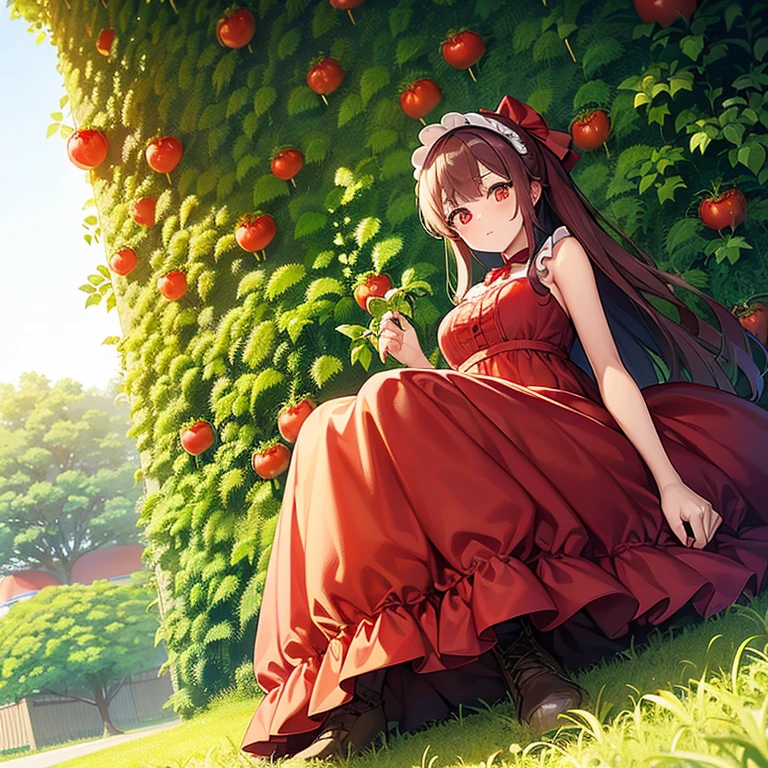 A girl sitting on a giant tomato-shaped cushion　Red dress with ruffles　(green ribbon headdress)　red hairs　(Tomatoes are growing all around.:1.5)