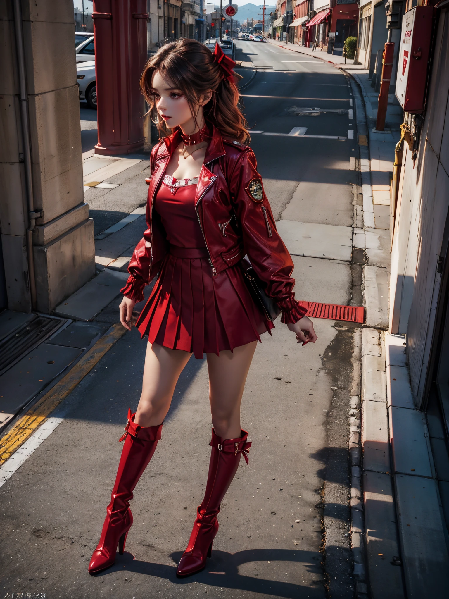 tmasterpiece, Best quality at best,, Maruzinski (fresh beans),, Red stockings, red blous, pleatedskirt, reddress, longer sleeves, Collar, Red shirt, Open jacket, white bows, Open your clothes, high heels boots, tar roads, jogging, line of sight, nigh sky, neon, from the above,,