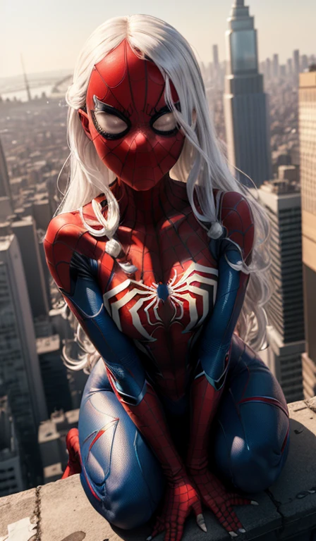 4k, realistic, carismatic, very detail, there is a girl on top city, wearing spiderman costum, she is a spiderman, white super hero theme, white long hair, 25 years old, full body