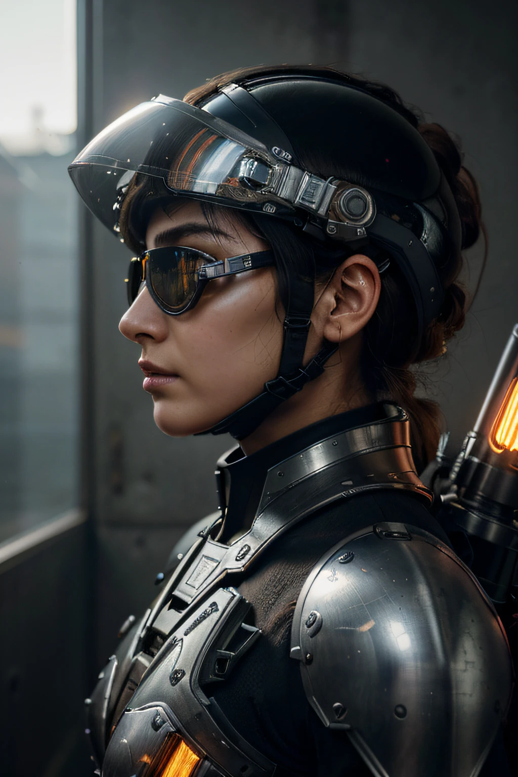 (Best quality at best,16k,A high resolution,tmasterpiece:1.2),ultra - detailed,(actual,realisticlying,Photorealistic:1.37),Detailed side view of man wearing helmet,composite,in mecha style,metal reflective,exquisitedetails,mechasuit,heroic gesture,wearing goggles,strong facial expression,A powerful gesture,Strong and well-defined lines,Enhanced clarity,Complex gears,advanced technique,industrial setting,dramatic lights,vivd colour,Visceral shock,high-tech cybernetics,Stylized intricate armor,Mechanical complexity