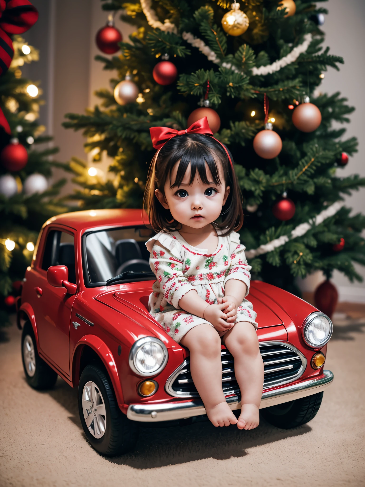 a baby gerl sitting on a toy car next to a christmas tree with lights on it and a small christmas tree in the background, a stock photo, toy, Anna Hotchkis, dada, Cyan eyes, hair light