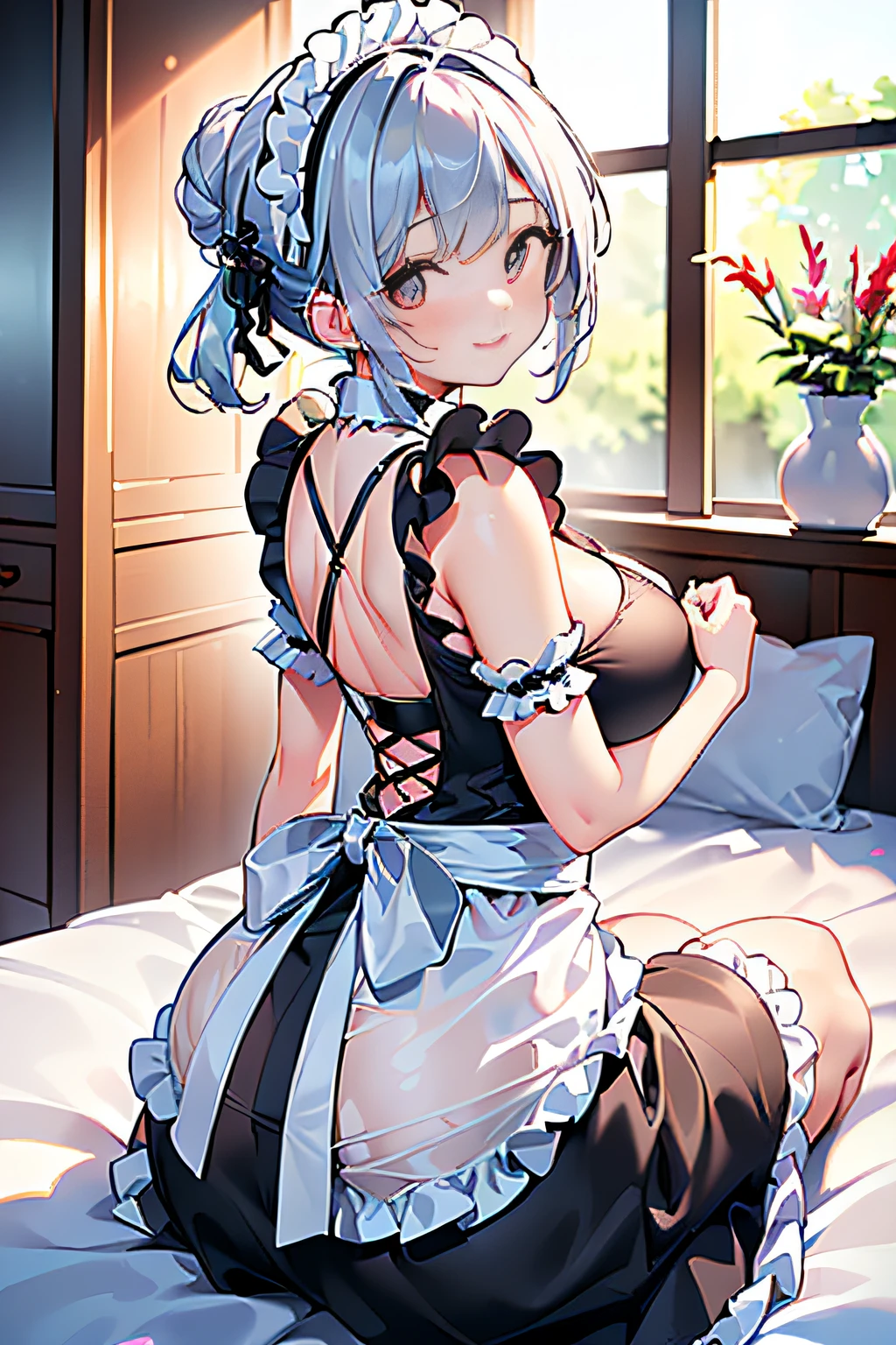 (((beautiful gothic maid woman:1.3)),(((emphasizing breasts:1.3))),(Dynamic angles),(Dynamic and sexy bending pose:1.3),(sit on the bed and look up at the camera:1.3),(Short hair in shiny silver and orange inner colors,large full breasts,Disturbance of clothing due to movement,breast slip,(Ponytail twisted buns adorned with elaborate braids and beads,Braided Setup Fishbone Hair),(see-through bangs),Huge breasts、(((A lace apron that shows your bare skin from under your big breasts....)))、Blush with embarrassment、Enraptured eyes、A smile that beguiles the viewer、(Look back:1.7)、Look into the photographer,skin glistening with sweat,gazing at viewer,(Professional Lighting),(8K,3D images,masutepiece,top-quality,Ultra-high resolution output image,),(Ultra HD with complex detail image modes),depth of fields,Beautiful hands,Beautiful fingers,Detailed finger features,(Detailed hair features:1.7),detailed facial features,detailed clothes features,