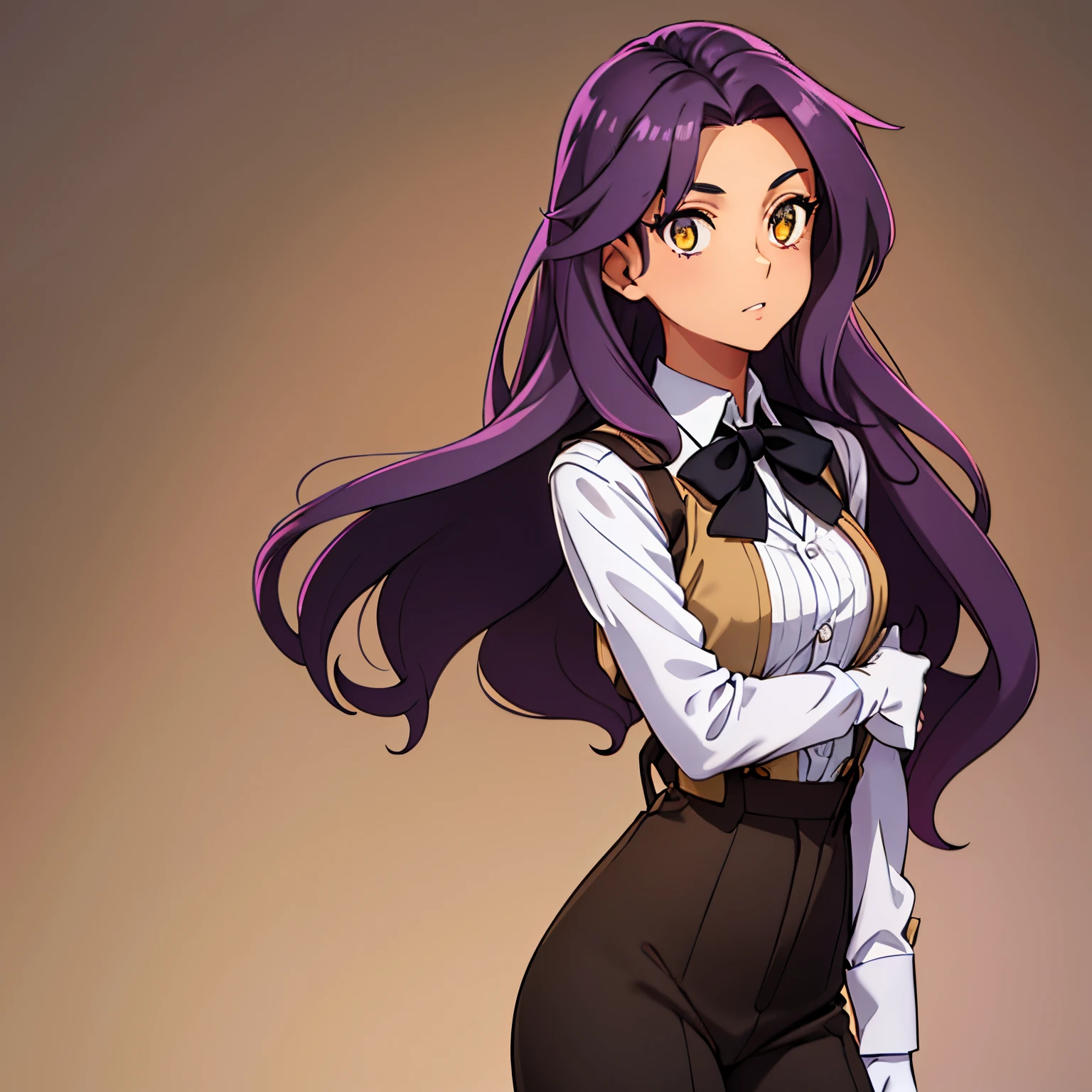 girl with tan skin and a slim physique. She has long wavy violet hair that lays to the middle of her back. She has golden amber eyes. She is wearing a lavender button down long sleeve shirt, black pants and waistcoat, black gloves, black suspenders, and a white bow tie.