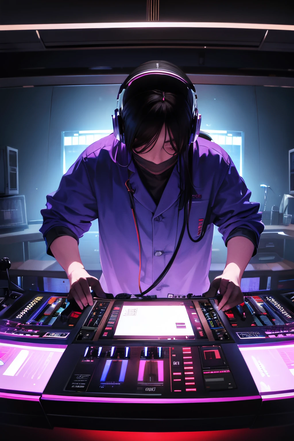 Give me a character operating the DJ booth,There is also a camera on the operating table,photorealestic,Frontal composition