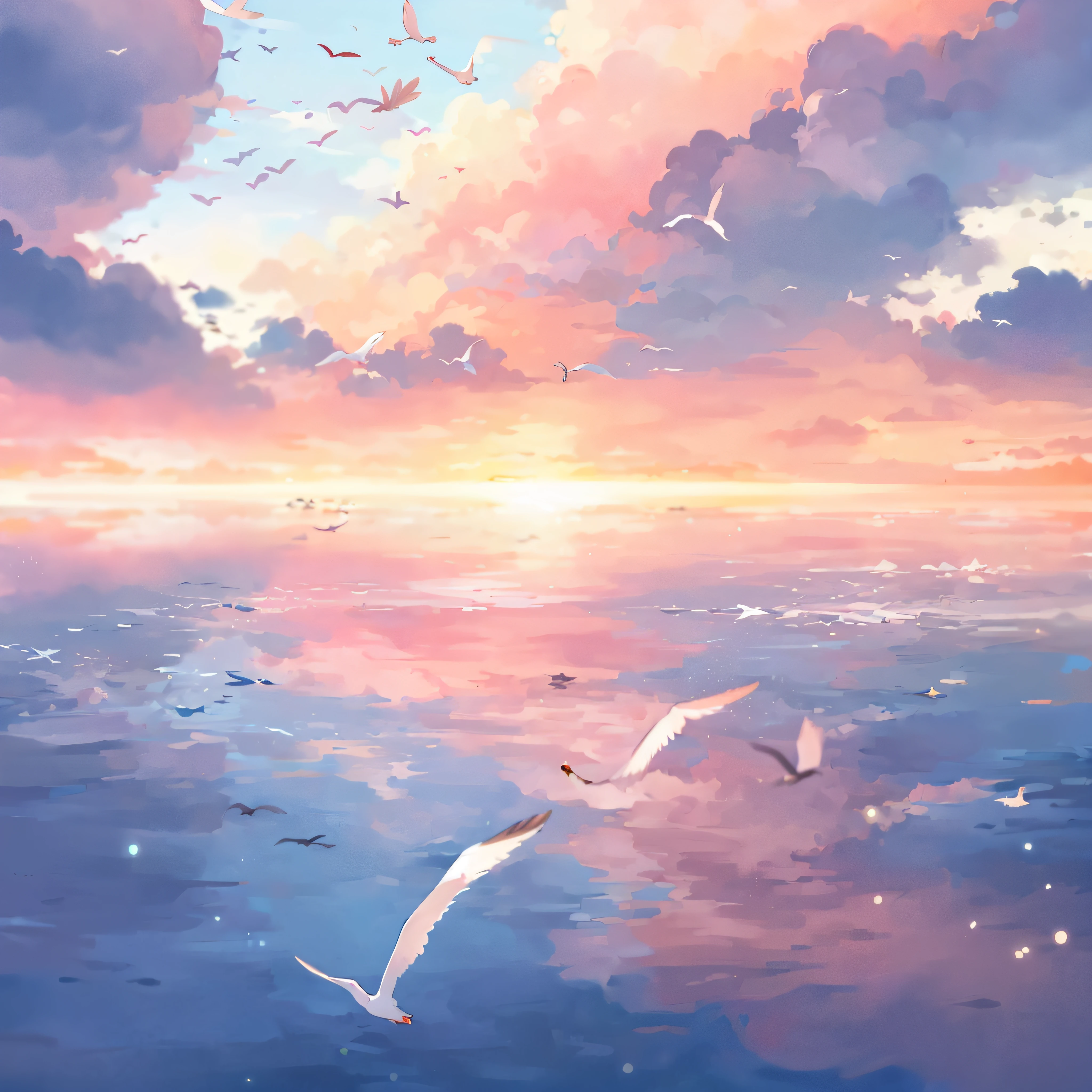 the sunset, clouds,sky sky, Eau, become sunny, seagulls,beautiful anime scenes, anime backgrounds, The most beautiful scene, Anime Sky,Marshlands,twilight ray