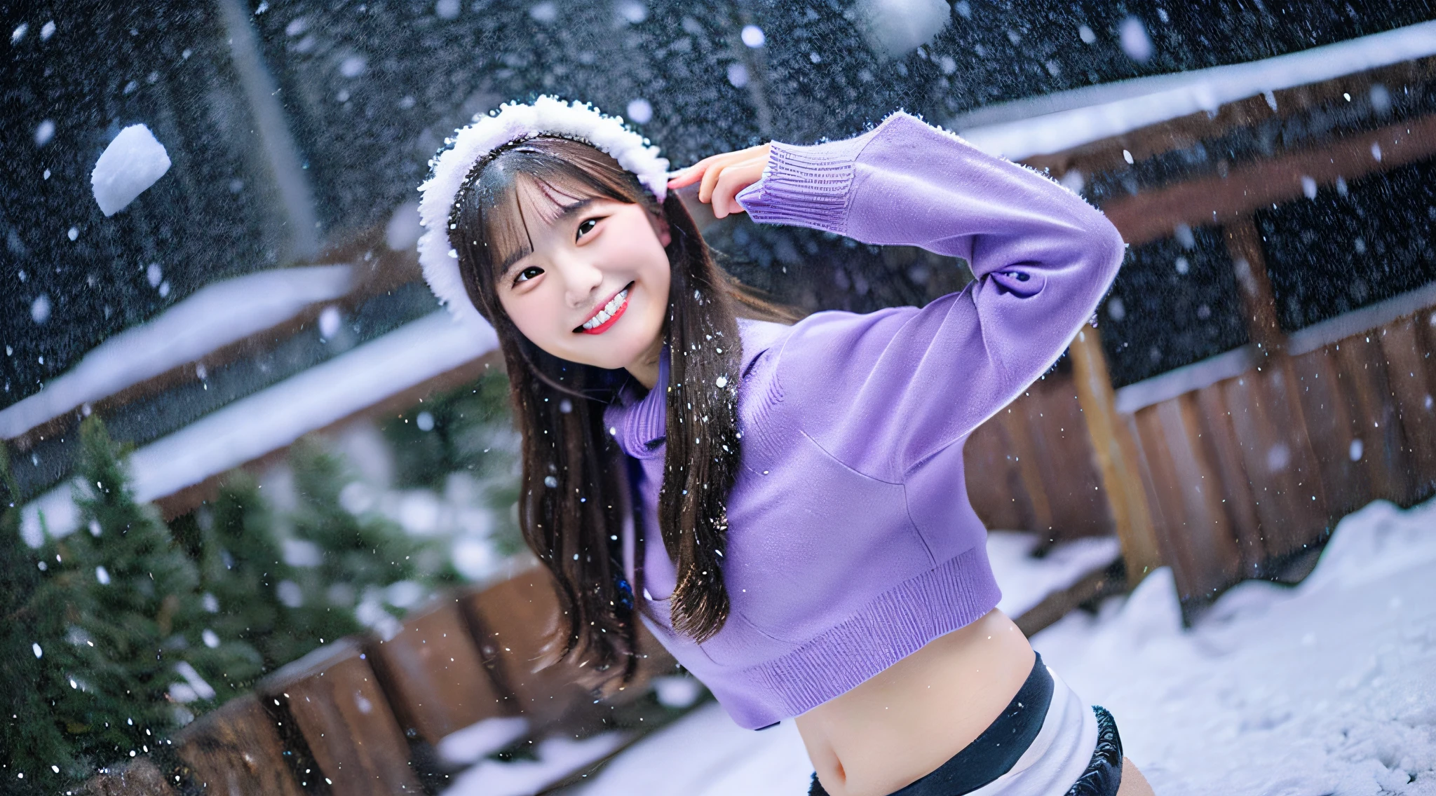 An 18-year-old beautiful girl with a cute smile wearing a purple miniskirt.、tome&#39;It's snowing outside