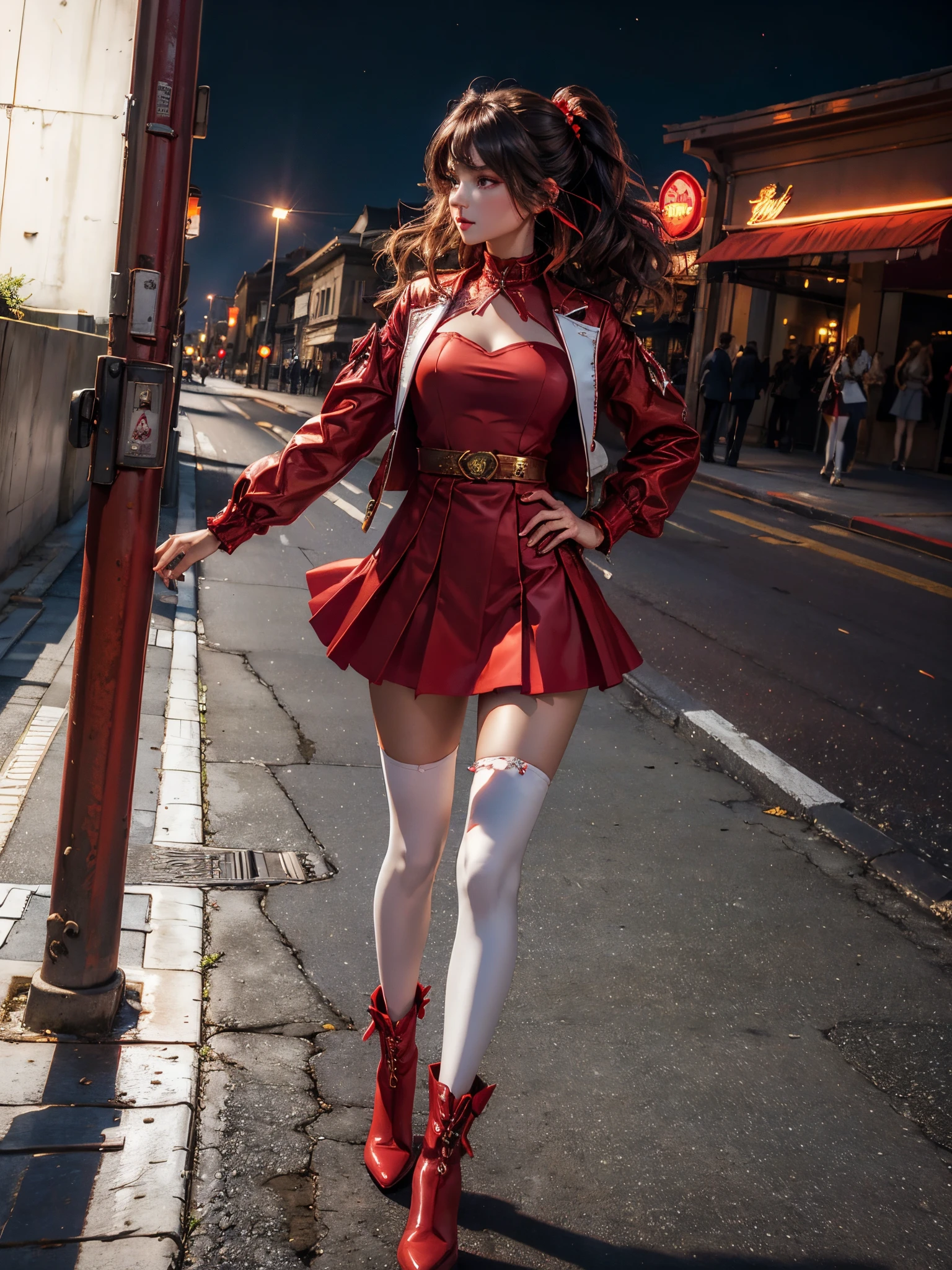 Woman in red dress and white stockings walking down a street - SeaArt AI