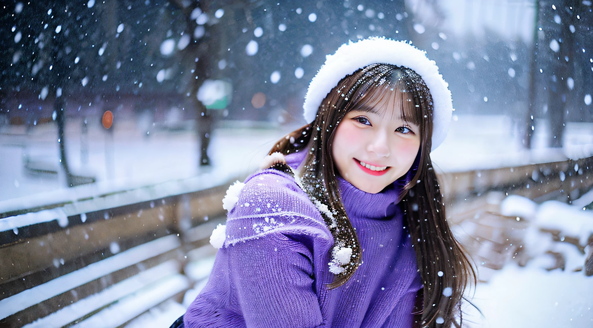 An 18-year-old beautiful girl with a cute smile wearing a purple miniskirt.、tome'It's snowing outside