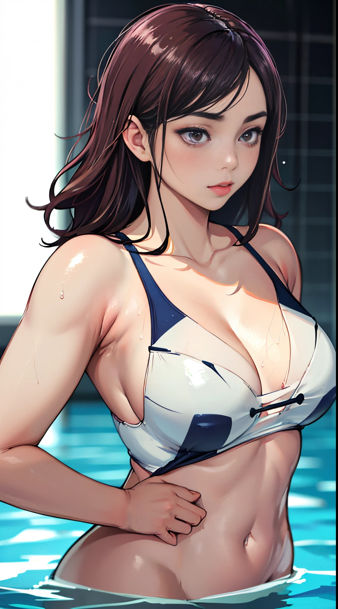 ((Mare))、(MASTERPIECE:1.2),(CGI ART:1.3),(REALISTIC:1.5),(SHARP FOCUS:1.3),8K,1 girl, ((UPPER BODY)), ((swim wears)), ((((glowy skin))) , (illustratio:1.2),