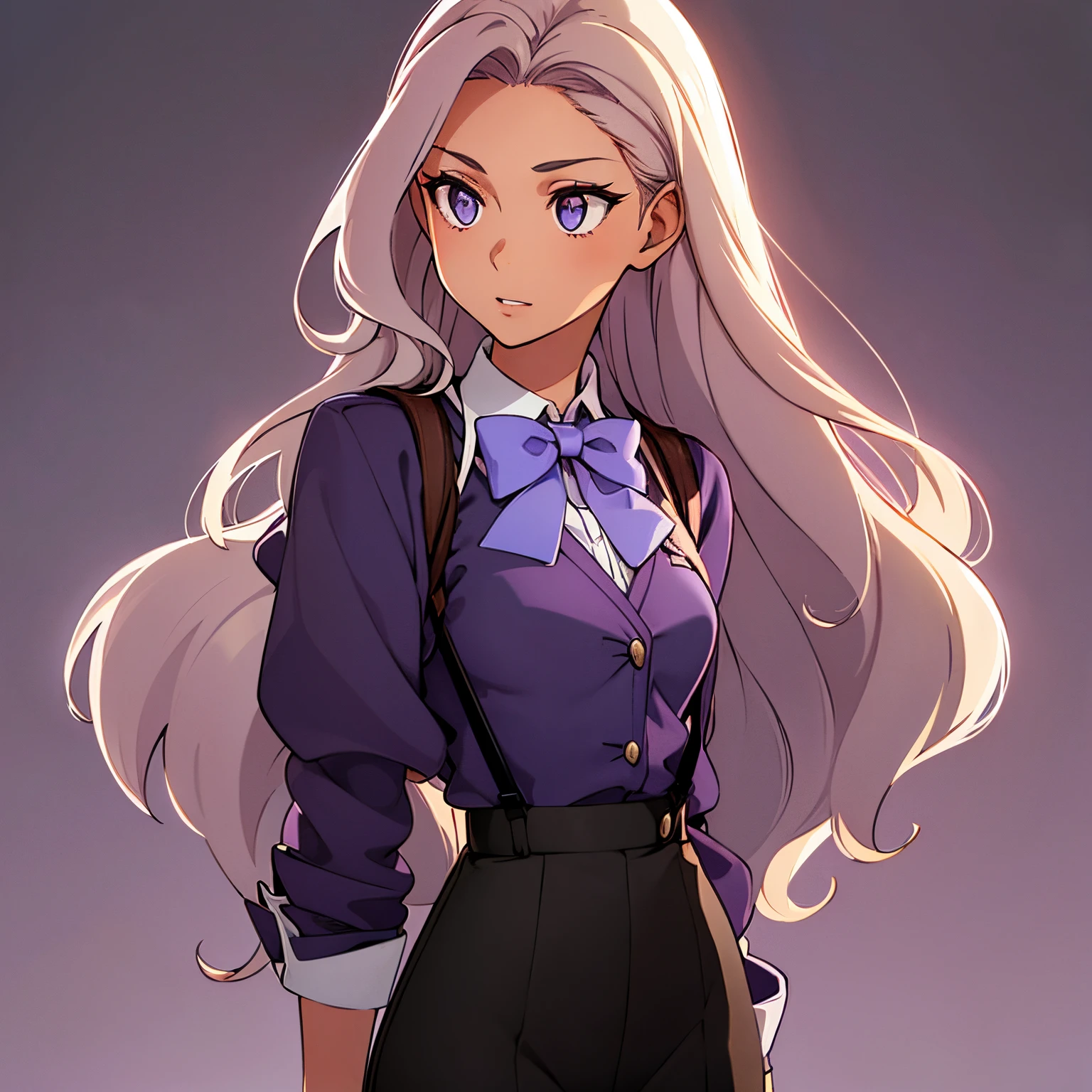 girl with tan skin and a slim physique. She has long wavy violet hair that lays to the middle of her back. She has amber eyes. She is wearing a lavender button down long sleeve shirt, black pants and waistcoat, black gloves, black suspenders, and a white bow tie.