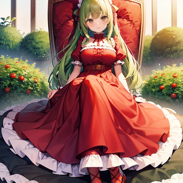 A girl sitting on a giant tomato-shaped cushion　red knee-length dress with ruffles　puff sleeves　　(green ribbon headdress)　red hairs　(Tomatoes are growing everywhere.:1.5)