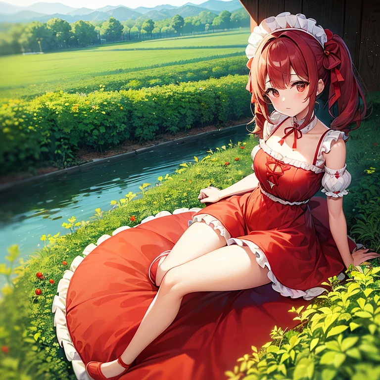 A girl sitting on a giant tomato-shaped cushion　red knee-length dress with ruffles　puff sleeves　　(green ribbon headdress)　red hairs　(Tomatoes are growing everywhere.:1.5)