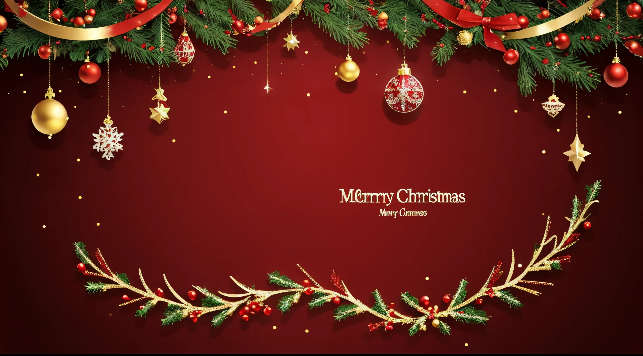 Merry Christmas card,Comes with fir branches and decorations, detailed ornaments, golden ornaments, There are many small decorations, Decorative ornaments, rot、blanche、Gold color scheme, Sparkling silver jewelry, red background realistic, Decorative ornaments, decorations, Decorative background, Merry, Scattered flakes of gold, very highly detailed background, christmas, Ultra detailed backgrounds, red and white color theme