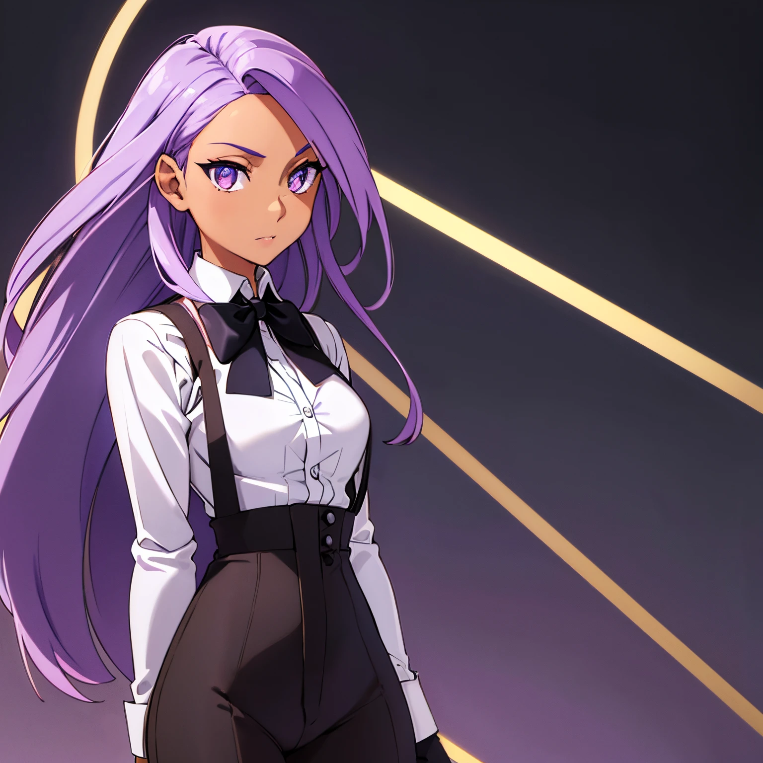 girl with tan skin and a slim physique. She has long violet hair that lays to the middle of her back. She has amber eyes. She is wearing a lavender button down long sleeve shirt, black pants and waistcoat, black gloves, black suspenders, and a white bow tie.