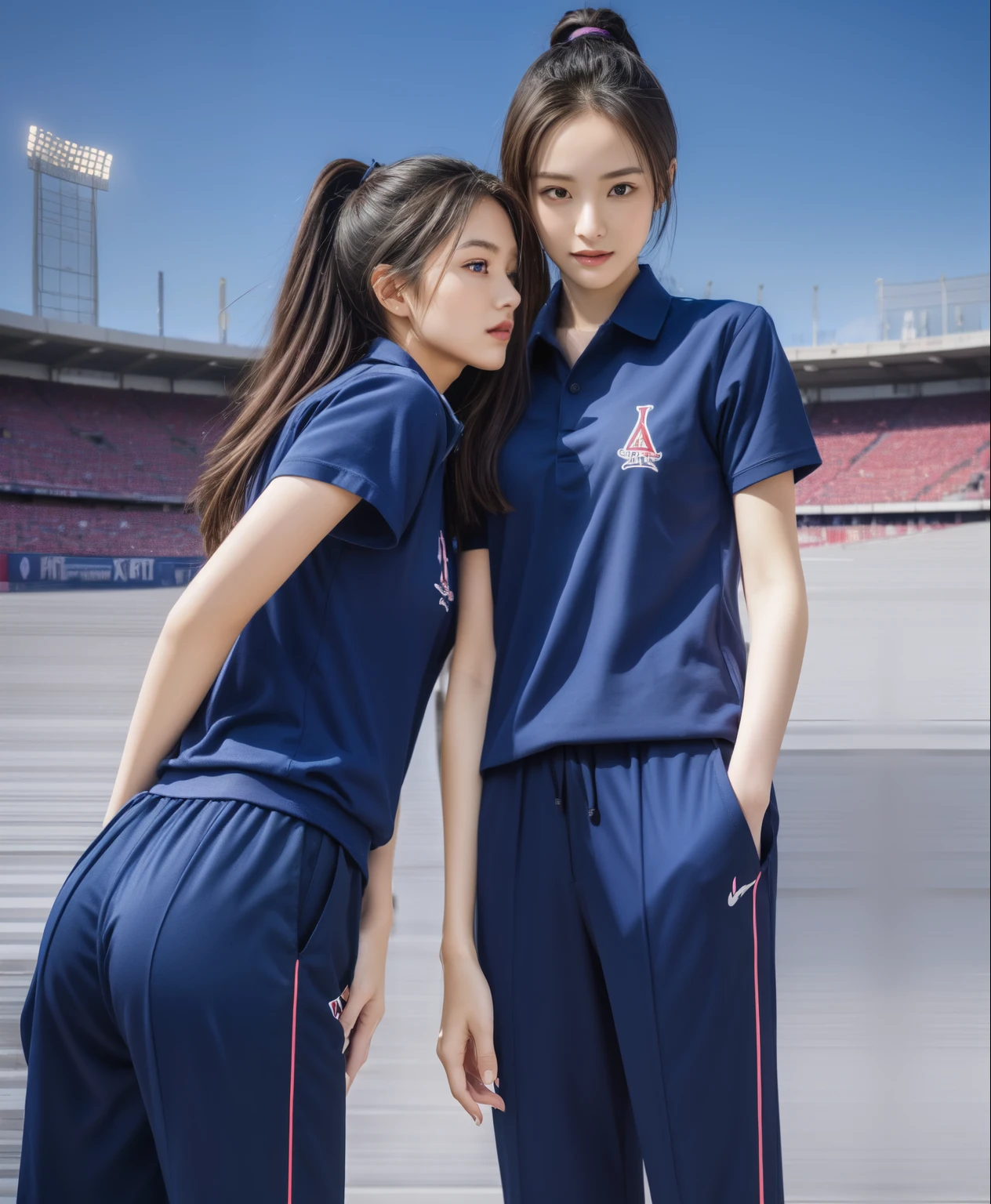 (bestquality,10,10,highres,masterpiece:1.2),ultra-detail,(Realistic,photorealistic portrait,photo-realistic:1.37),1 Cute girl in the football field,oily shiny skin,bara,light smile,BDclothelue shirt:1.3)),short sleeves,shirt, trousers.,(navy_long_Pants Track:1.1), ((Stadium Background:1.3)),dynamic angle,excited,face focus,Dynamic Poses,from behide,Ass Focus,masterpiece, bestquality, ultra realistic, hyper-detail, 8k resolution, RAW photo, crisp focus, ((Navy blue shirt:1.1)), short sleeves, Long Path, Perfect body, 2 mature women, 18yo, cinematic light,Blue sweatpants,Gymware,Correct anatomy,Complete body, Correct body, sharp face, Anatomically correct body, full entire body, Realistic gestures, long-haired, Realistic poses,Wear long shorts..............................................,Long leg span,Shapely,Sculpting Girl, Slender Figure, mannequin mannequins, Shapely, Beautiful body,Blue sweatpants, Two girls kissing