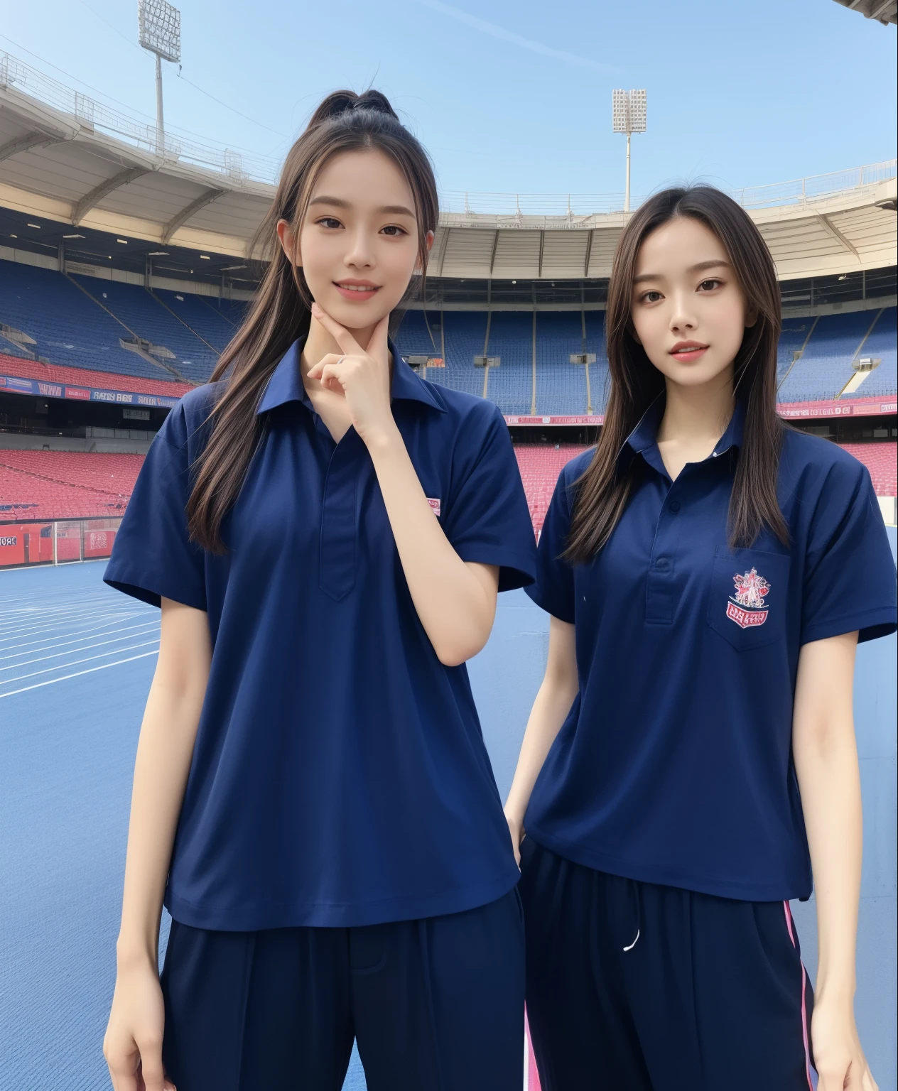 (bestquality,10,10,highres,masterpiece:1.2),ultra-detail,(Realistic,photorealistic portrait,photo-realistic:1.37),1 Cute girl in the football field,oily shiny skin,bara,light smile,BDclothelue shirt:1.3)),short sleeves,shirt, trousers.,(navy_long_Pants Track:1.1), ((Stadium Background:1.3)),dynamic angle,excited,face focus,Dynamic Poses,from behide,Ass Focus,masterpiece, bestquality, ultra realistic, hyper-detail, 8k resolution, RAW photo, crisp focus, ((Navy blue shirt:1.1)), short sleeves, Long Path, Perfect body, 2 mature women, 18yo, cinematic light,Blue sweatpants,Gymware,Correct anatomy,Complete body, Correct body, sharp face, Anatomically correct body, full entire body, Realistic gestures, long-haired, Realistic poses,Wear long shorts..............................................,Long leg span,Shapely,Sculpting Girl, Slender Figure, mannequin mannequins, Shapely, Beautiful body,Blue sweatpants, Two girls kissing