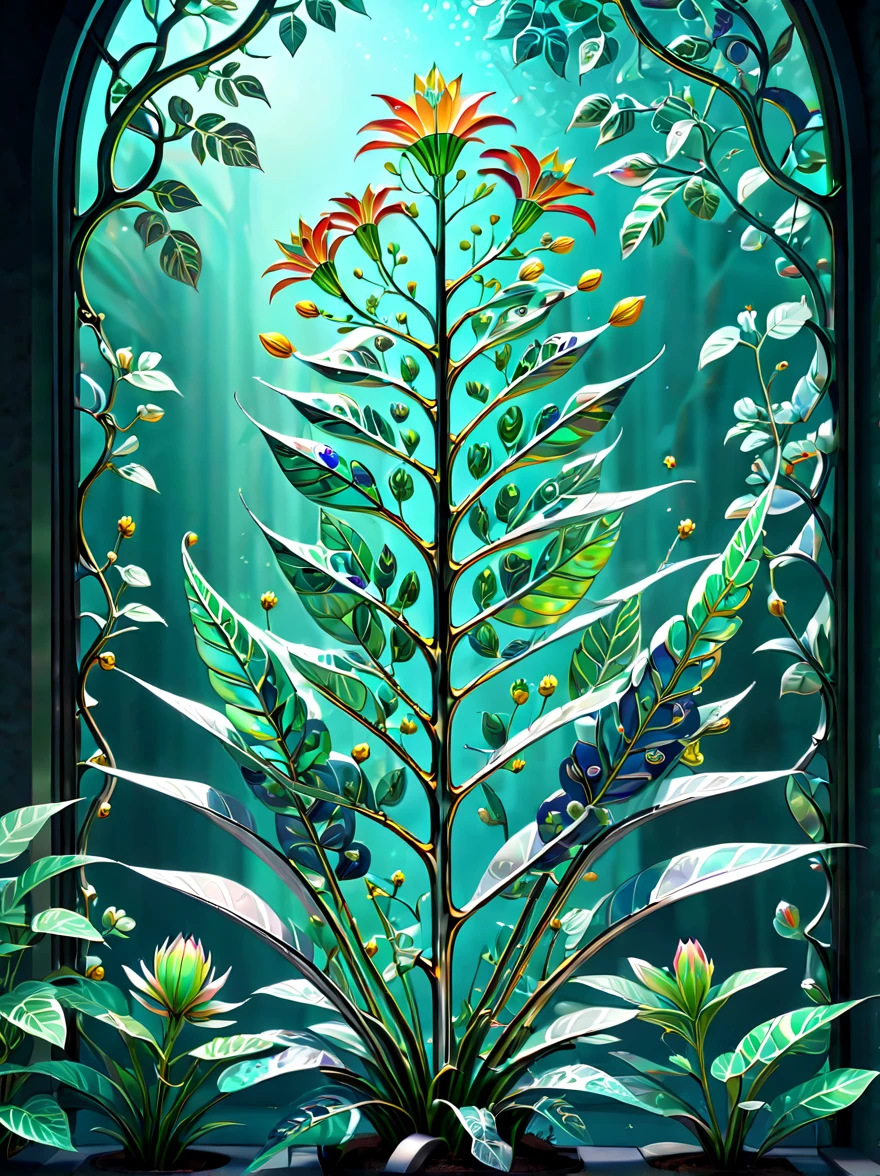 stained glass style，(a magical plant，Irridescent color，Half of its stems and leaves are made of bionic mechanical metal，The other half is flowers grown from pure natural plants。The characteristic of this plant is that its flowers are very bright and beautiful，Comes in various colors and shapes，Some of them even glow。The metal parts on its stems and leaves show exquisite mechanical structures and complex patterns.，Exudes a cool metallic texture)，branches and leaves full of nectar, Plants covered in liquid, Cute 3d rendering, Rendered in Cinema 4D Octane, blender art, Cinema 4D color rendering, Very detailed happy photos, Render in Cinema4D, Colorful octane rendering, A vibrant, The beautiful, semi transparent, iintricate, Detailed pubic hair