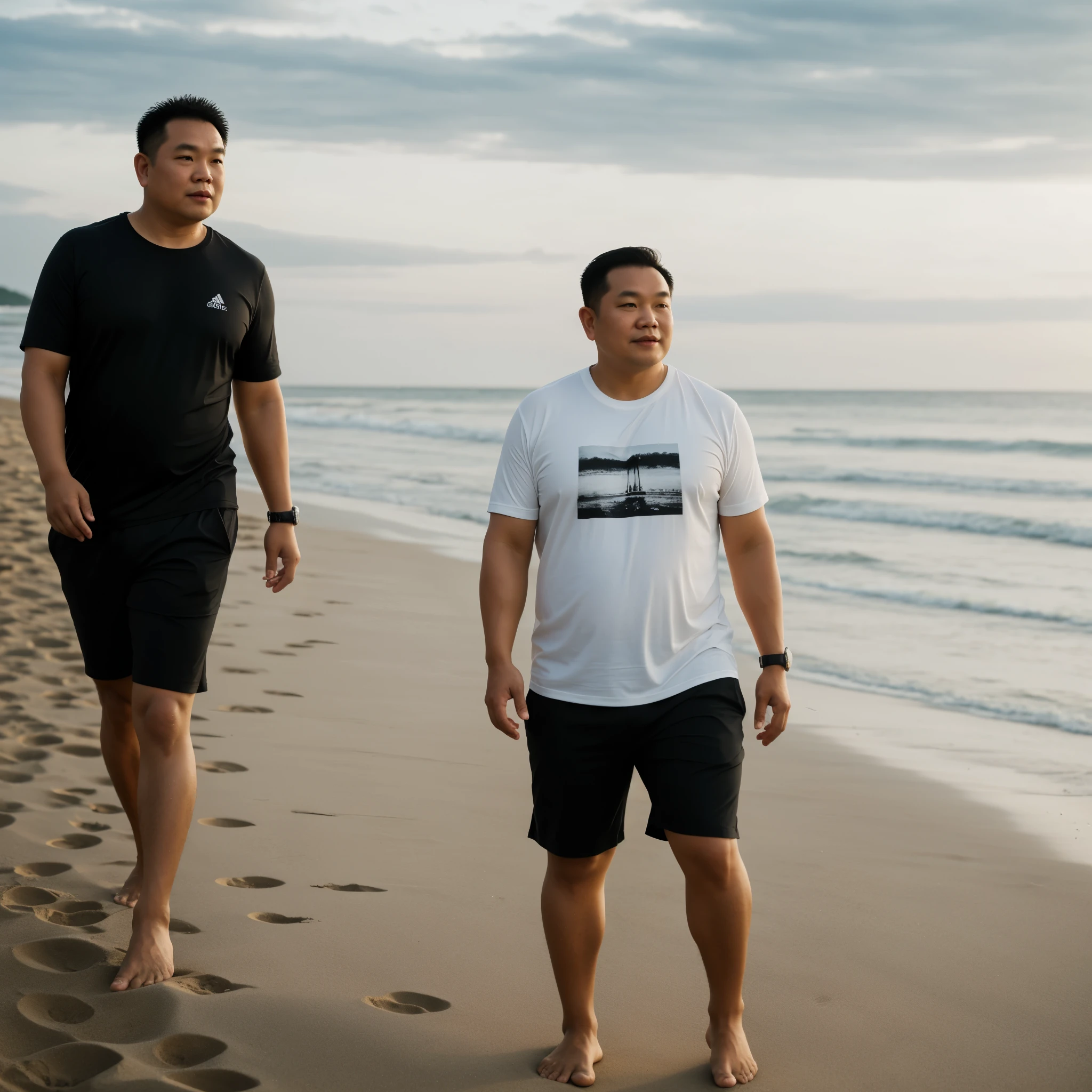 1man,
up to 44 and.o Fat middle-aged Thai man wearing a black and white T-shirt and shorts...., Take a walk on the beach there.'beard, Soft light.,
masterpiece, bestquality, 8k UHD, DSLR, grain of film, Fujifilm XThotoreistic realistic art illustration by midjourney and greg rutkowski...