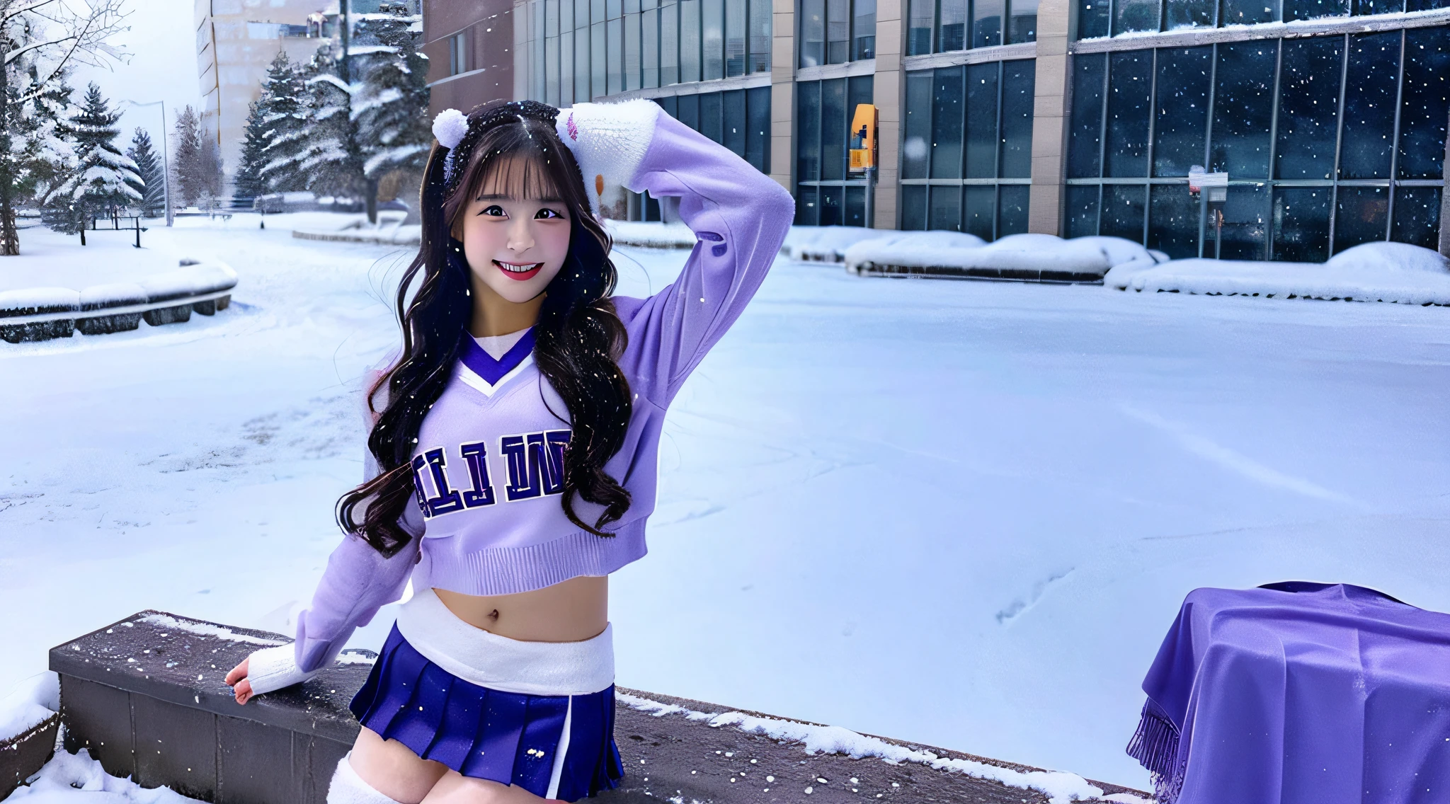 Cute cheerleader 18 years old wearing a purple miniskirt、tome'It's snowing outside