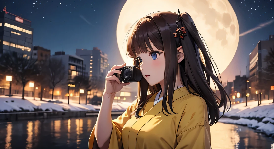 A Japanese woman wearing a yellow dress is taking a photo, [32k hd]^10, advertisement picture, reluvy5213, Kotegawa Yui, けもの, Ai Yazawa, 奈良美智, 1/30, ayami koj ima, shikamimi, nino nakano ,Sexy ,infinite halo armor,moonlight at night on a snowy lake