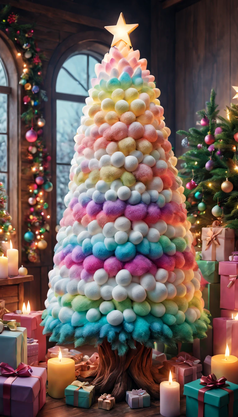 Fluffy Marshmallow Christmas Tree,(Best quality at best,4K,8K,A high resolution,tmasterpiece:1.2),ultra - detailed,(actual,realisticlying,Photorealistic:1.37),sweet，Vibrant colors，whimsically，Huge tree，imagining，intriguing，light and ventilation，delight，Fantastical、edible、indulgent、The tall、Pleasant、Exhilarating、Rainbow，In a room full of colorful gifts, Surrounded by warm fairy lights and candles, Vibrant and pastel colors, diffuselighting。