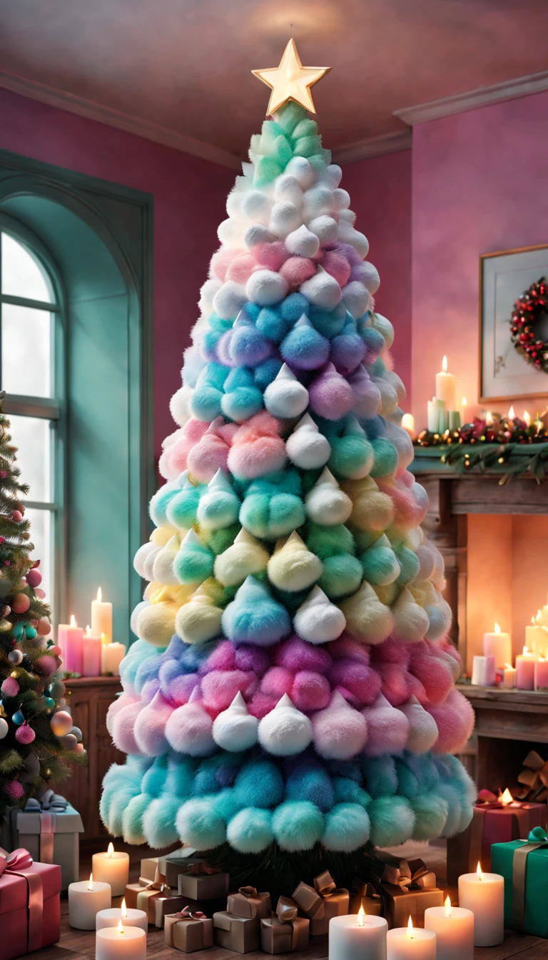 Fluffy Marshmallow Christmas Tree,(Best quality at best,4K,8K,A high resolution,tmasterpiece:1.2),ultra - detailed,(actual,realisticlying,Photorealistic:1.37),sweet,Vibrant colors,whimsically,Huge tree,imagining,intriguing,light and ventilation,delight,Fantastical、edible、indulgent、The tall、Pleasant、Exhilarating、Rainbow,In a room full of colorful gifts, Surrounded by warm fairy lights and candles, Vibrant and pastel colors, diffuselighting。