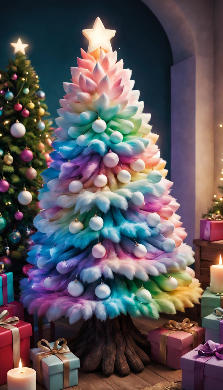 Fluffy Marshmallow Christmas Tree,(Best quality at best,4K,8K,A high resolution,tmasterpiece:1.2),ultra - detailed,(actual,realisticlying,Photorealistic:1.37),sweet，Vibrant colors，whimsically，Huge tree，imagining，intriguing，light and ventilation，delight，Fantastical、edible、indulgent、The tall、Pleasant、Exhilarating、Rainbow，In a room full of colorful gifts, Surrounded by warm fairy lights and candles, Vibrant and pastel colors, diffuselighting。