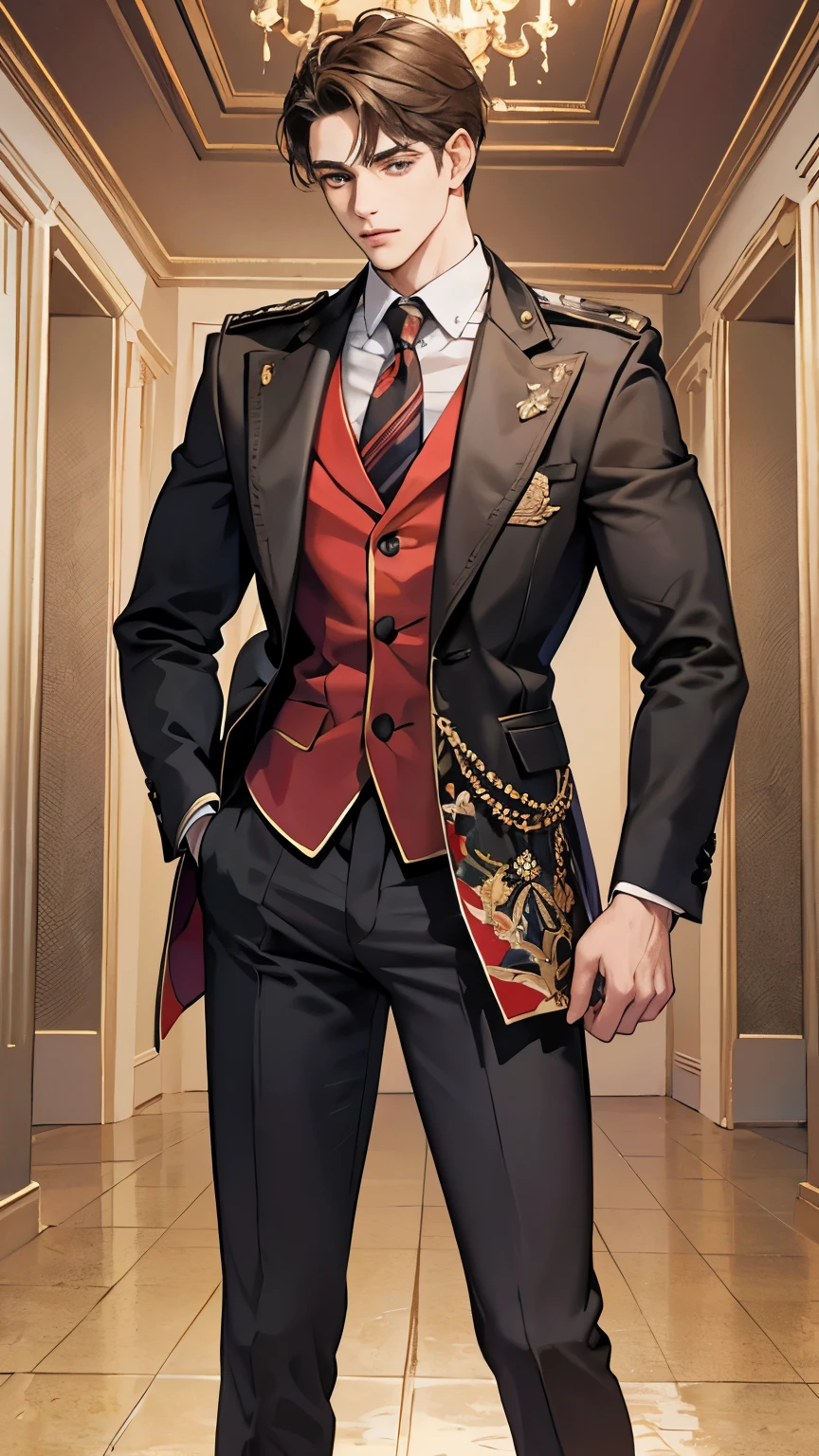 (fullshot) **Alexander**: Alexander, an 18-year-old senior at the Swiss Elite Private High School, stands tall at 185 cm. His lean, muscular physique, a result of his athletic training, combined with his handsome features and short brown hair, make him a striking figure. **Alexander's School Uniform Style**: In his Swiss Elite Private High School uniform, Alexander conveys an air of understated elegance. His uniform is always meticulously tailored, fitting his athletic build perfectly. Despite being a uniform, he manages to make it uniquely his own, subtly exhibiting his affluent background through high-quality leather shoes and a perfectly knotted tie. His approach to the uniform reflects his overall demeanor - a balance between his wealth and his humility, contributing to his respected status among his peers.