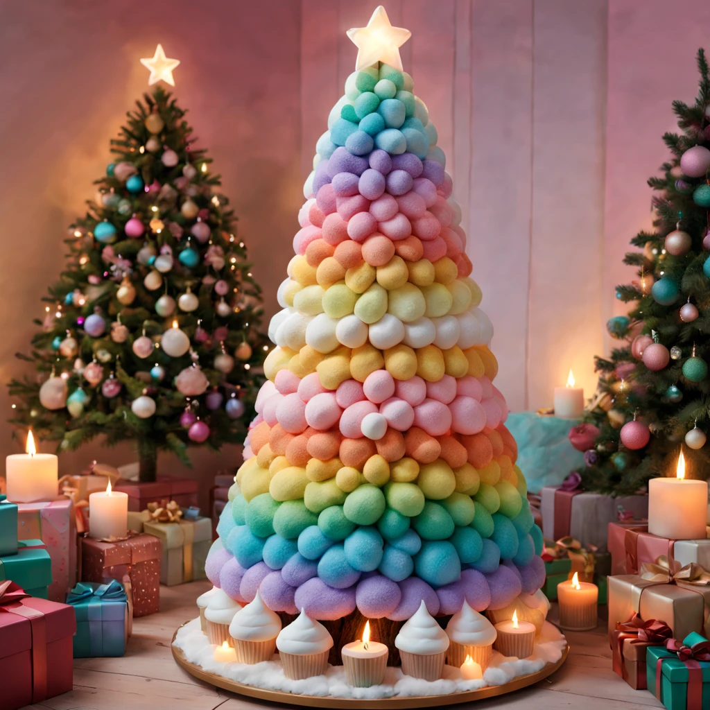 Fluffy Marshmallow Christmas Tree,(Best quality at best,4K,8K,A high resolution,tmasterpiece:1.2),ultra - detailed,(actual,realisticlying,Photorealistic:1.37),sweet,Vibrant colors,whimsically,Huge tree,imagining,intriguing,light and ventilation,delight,Fantastical、edible、indulgent、The tall、Pleasant、Exhilarating、Rainbow,In a room full of colorful gifts, Surrounded by warm fairy lights and candles, Vibrant and pastel colors, diffuselighting。