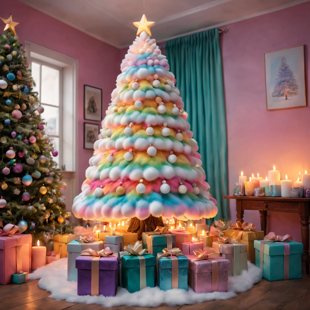 Fluffy Marshmallow Christmas Tree,(Best quality at best,4K,8K,A high resolution,tmasterpiece:1.2),ultra - detailed,(actual,realisticlying,Photorealistic:1.37),sweet，Vibrant colors，whimsically，Huge tree，imagining，intriguing，light and ventilation，delight，Fantastical、edible、indulgent、The tall、Pleasant、Exhilarating、Rainbow，In a room full of colorful gifts, Surrounded by warm fairy lights and candles, Vibrant and pastel colors, diffuselighting。