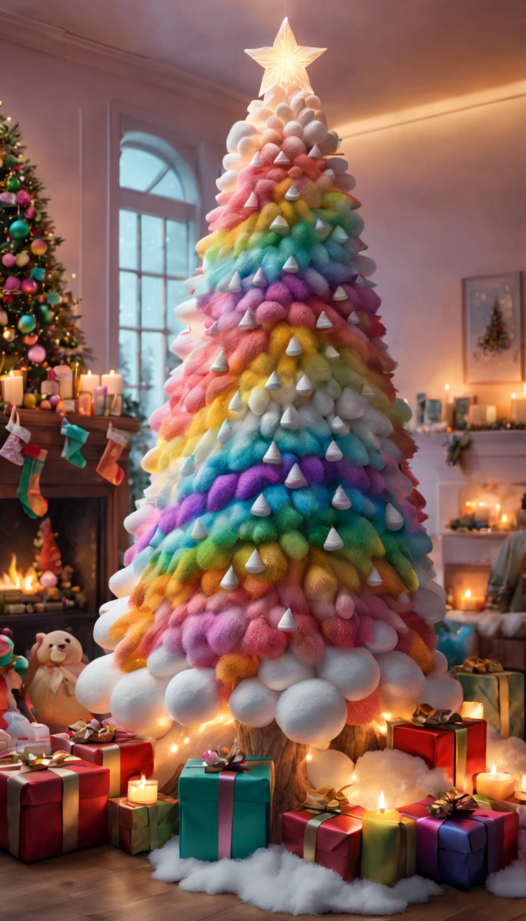 Fluffy Marshmallow Christmas Tree,(Best quality at best,4K,8K,A high resolution,tmasterpiece:1.2),ultra - detailed,(actual,realisticlying,Photorealistic:1.37),sweet,Vibrant colors,whimsically,Huge tree,imagining,intriguing,light and ventilation,delight,Fantastical、edible、indulgent、The tall、Pleasant、Exhilarating、Rainbow,In a room full of colorful gifts, Surrounded by warm fairy lights and candles, Vibrant and pastel colors, diffuselighting。
