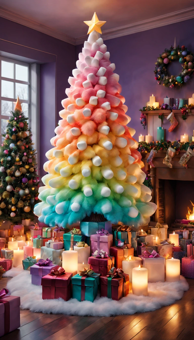 Fluffy Marshmallow Christmas Tree,(Best quality at best,4K,8K,A high resolution,tmasterpiece:1.2),ultra - detailed,(actual,realisticlying,Photorealistic:1.37),sweet,Vibrant colors,whimsically,Huge tree,imagining,intriguing,light and ventilation,delight,Fantastical、edible、indulgent、The tall、Pleasant、Exhilarating、Rainbow,In a room full of colorful gifts, Surrounded by warm fairy lights and candles, Vibrant and pastel colors, diffuselighting。