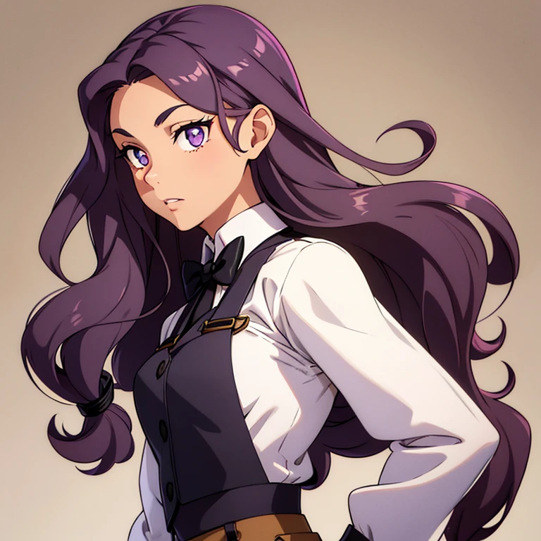 A girl with tan skin and a slim physique. She has long wavy violet hair that lays to the middle of her back. She has golden amber eyes. She is wearing a lavender button down long sleeve shirt, black pants and waistcoat, black gloves, black suspenders, and a white bow tie.