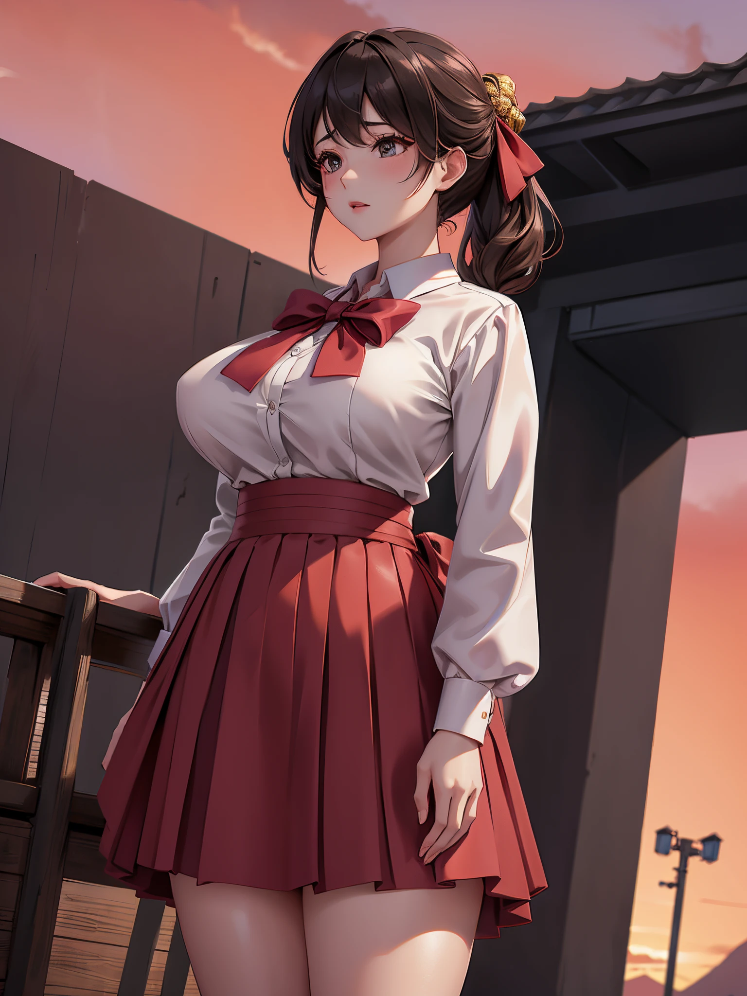 Dōjinga; 1个Giant Breast Girl, 1boys, a skirt, Outdoor activities, Red sky, Bow knot,, ultra - detailed