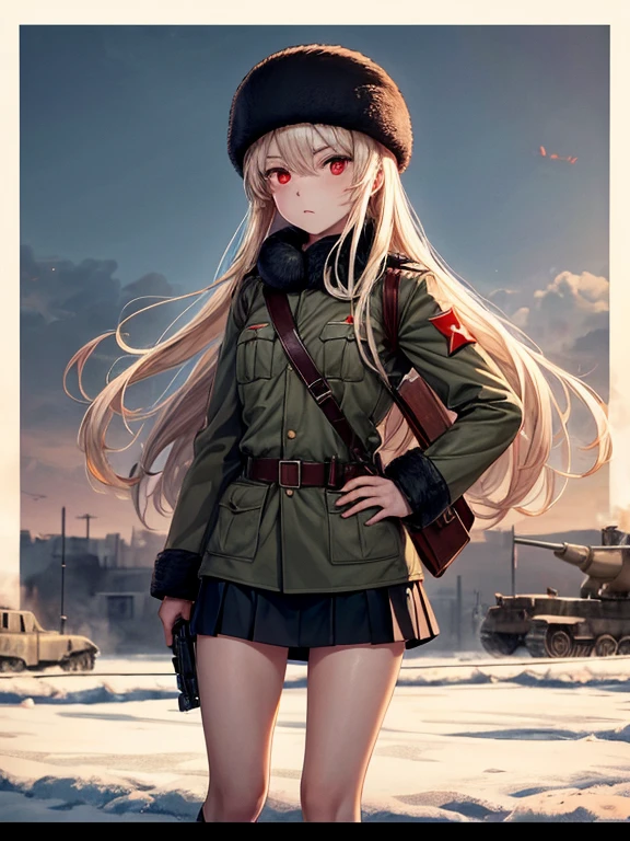 military, ww2, ussr army, Killing expression, Wear a short skirt, Drink vodka, Alone, photo techniques, 5 fingers, girl, Red eye, Carrying an weapon, ushanka, big dick