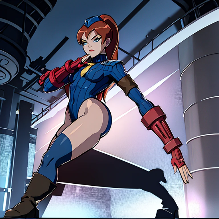 ultra-detailed, Explicit, Beautiful body, Beautiful Nose, Beautiful character design, perfect eyes, perfect face, ultra highres, 4K, beautiful legs, perfect legs, Nice hands, Perfect hand, Masterpiece, Best Quality, Highly detailed, illustration, absurdres, street fighter, doll suit, shadaloo doll, dollsuit, girls, multiple girls, expressionless, blank eyes, looking at viewer, red gloves, emotionless, black latex, corrution, mind control, female combatant, full body, hypnotized, unhappy trance, full body suit, ribbed bodysuit, both arms at side, stand up straight, obey, perfect female body, extremely glossy latex, hypnosis, hypnoLora, empty eyes, Mind control device, poses, brainwashed, submissive_pose, Slave, hat, necktie, stand up straight, standing, standing at attention, belt, extending the right arm from the shoulder into the air with a straightened hand, nazi saluting, military, military saluting, salute, right hand saluting, left hand at side, latex, garter belt, thighhighs, giganta, red hair, long hair, blue eyes