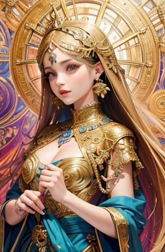 (masterpiece, top quality, best quality, official art, beautiful and aesthetic:1.2), (1girl), extreme detailed,colorful,highest detailed, official art, unity 8k wallpaper, ultra detailed, beautiful and aesthetic, beautiful, masterpiece, best quality, (zentangle, mandala, tangle, entangle) ,holy light,gold foil,gold leaf art,glitter drawing, PerfectNwsjMajic
