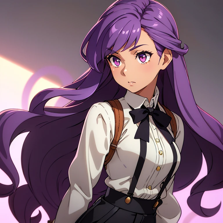 A girl with tan skin and a slim physique. She has long wavy violet purple hair that lays to the middle of her back. She has golden amber eyes. She is wearing a lavender button down long sleeve shirt, black pants and black waistcoat, black gloves, black suspenders, and a white bow tie.