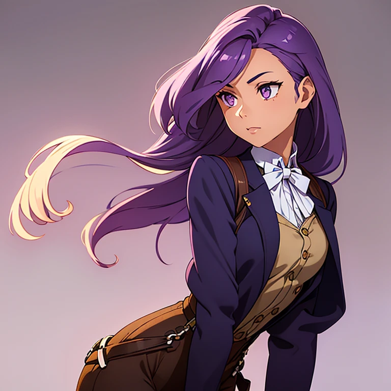 A girl with tan skin and a slim physique. She has long wavy violet purple hair that lays to the middle of her back. She has golden amber eyes. She is wearing a lavender button down long sleeve shirt, black pants and black waistcoat, black gloves, black suspenders, and a white bow tie.