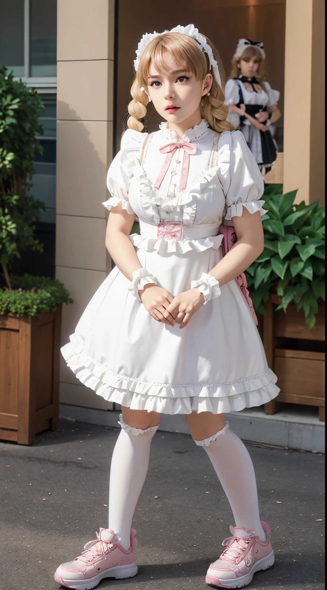 Superb detail, 8k photos, hyper-realism, professional light, realistic background, visual depth, background bokeh, wide angle lens, full body, (30 years old, cute, loli, flat chest, cat ears), 1girl, colored eyes, blonde hair, (Lolita fashion: 1.5), (lace, frilled shirt, white petticoat, sneakers), (plush toy), pink cute backpack, street, fashion