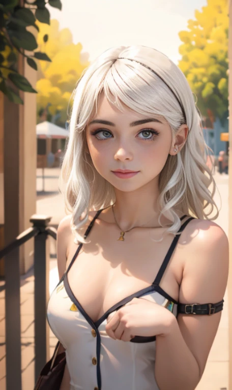 (masterpiece, best quality:1.4), (8K), Young blonde beauty, (((18 years old, neat girl))), detailed blue eyes, long eyelashes, blush, kind smile, upper body, topless small breats, shaved pussy, (looking at viewer), beautiful blonde hair, white-skinned, long hair, parted bangs, (small breasts), (valley, beautiful and magnificent skyline, majestic sky), colorful natural light)