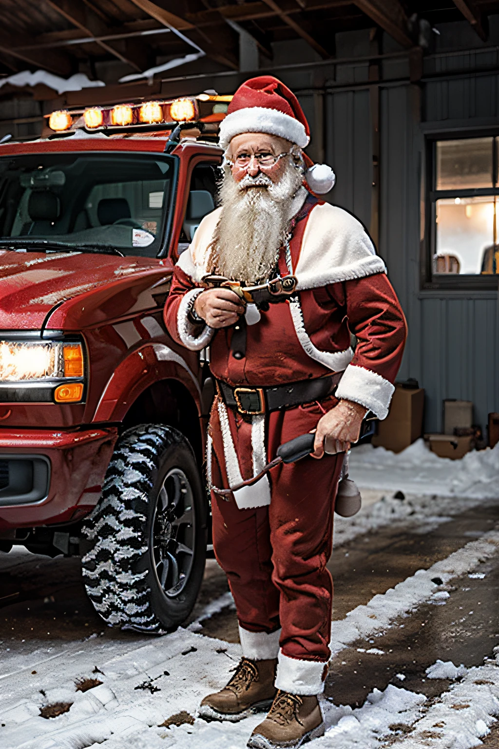 Santa Claus in a sleigh driven by a truck, holding a mechanical tool called a torque in his hands, in the background a car workshop is snowing.