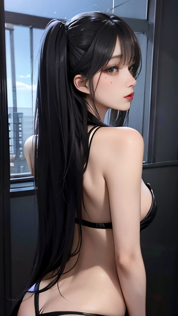 slut girl、Black straight long hair、back shot