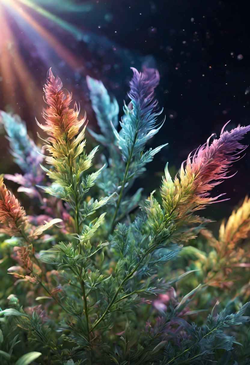 Featherweed is an herbaceous plant with light leaves，When a breeze blows，The leaves will flutter gently，Gives a dreamy feeling rainbow color theme，a 3D render，The content is very detailed, movie light effect，4K, Colorful, contours、Art super detailed、Delicate and beautiful、tmasterpiece、Quality content is very detailed、Dynamic angles and elegant atmosphere