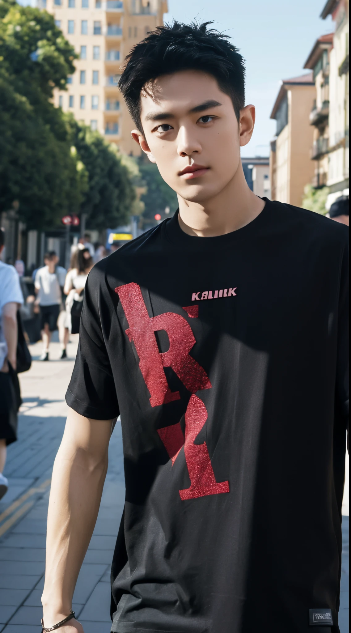 (8K, RAW photogr, quality, tmasterpiece: 1.2), hyper-detailing, Hyper-Resolution, (of a real, real photograph: 1.37), Solid black T-shirt