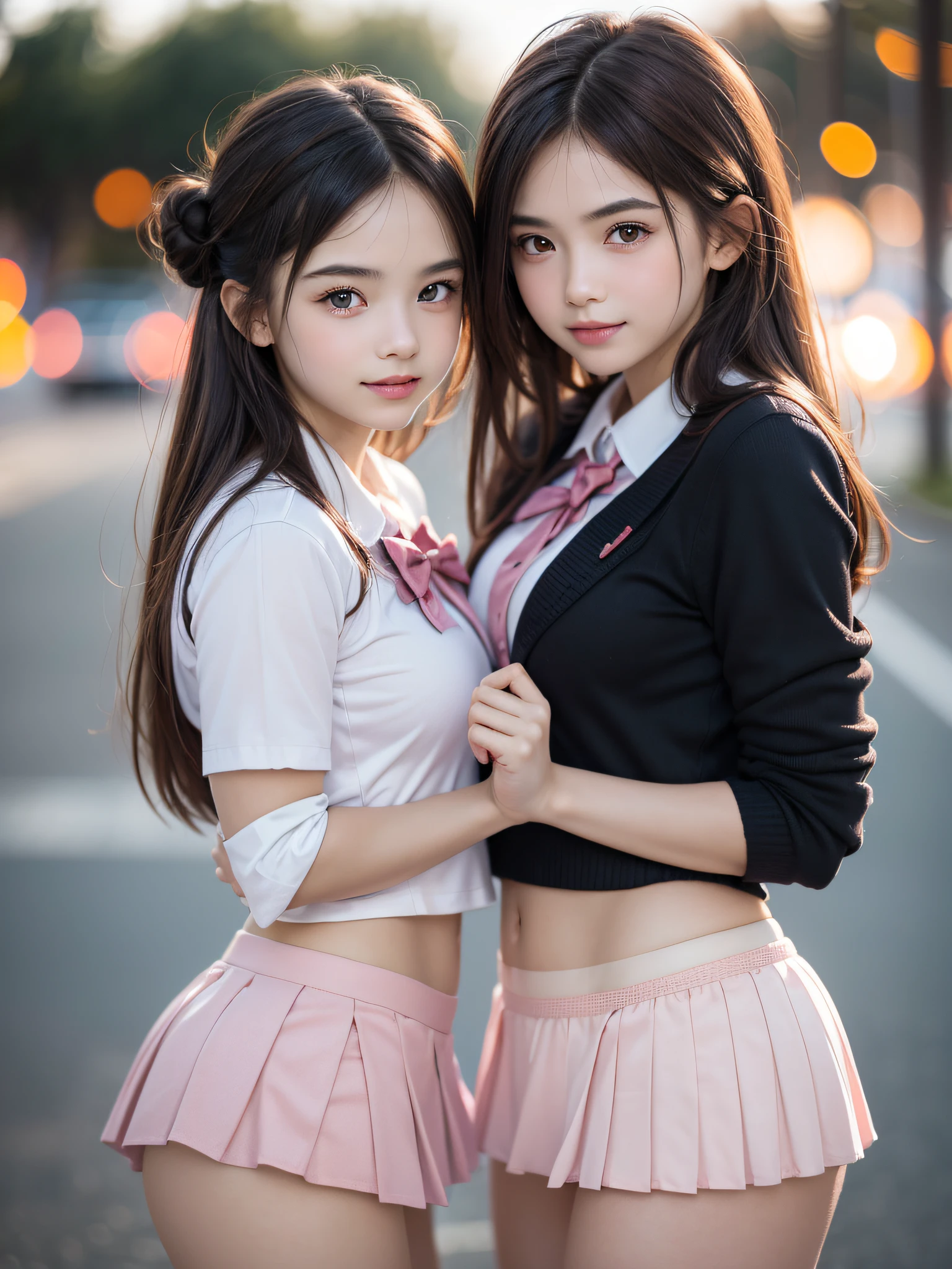 (2 young girls), (extremely detailed beautiful face), Amazing face and eyes, (Best Quality:1.4), (Ultra-detailed), (extremely detailed CG unified 8k wallpaper), Highly detailed, High-definition raw color photos, Professional Photography, Realistic portrait, Amazing face and eyes, Pink eyes, (High School Uniform, Pleated mini-skirt:1.3), double buns, Brown hair, Model, shyly smile, (PINK Underwear:1.3), (((Bokeh))), depth of fields, depth of fields, Beach, Twilight, Sunset,