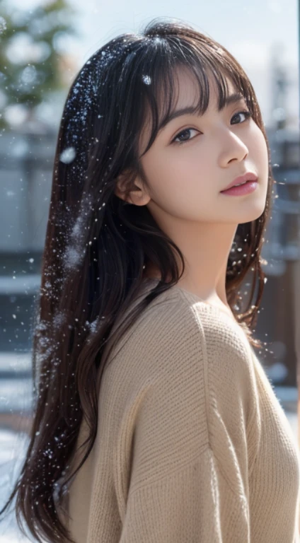(knitwear), (top-quality, masterpiece:1.3, Super high resolution), (Photorealsitic:1.4, RAW shooting), Ultra-realistic capture, A highly detailed, high-definition 16K for human skin, Wistful, A skinny Japanese woman, 30 years old, cute face, ((Sadness face)), detailed face, detailed eyes, ((correct anatomy)), A dark-haired, Middle hair, ((Background of the sea in a starry night)), (((looking up afar at starry sky))), hair blowing in the wind